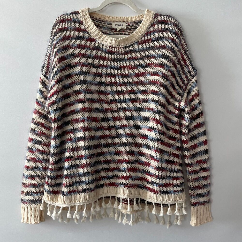 ADORA Women’s Small Multicolor Striped Chunky Knit Sweater Tassel Hem Boho